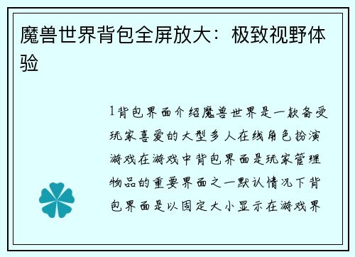 魔兽世界背包全屏放大：极致视野体验