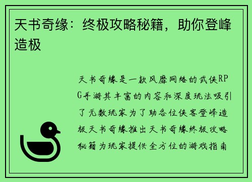 天书奇缘：终极攻略秘籍，助你登峰造极